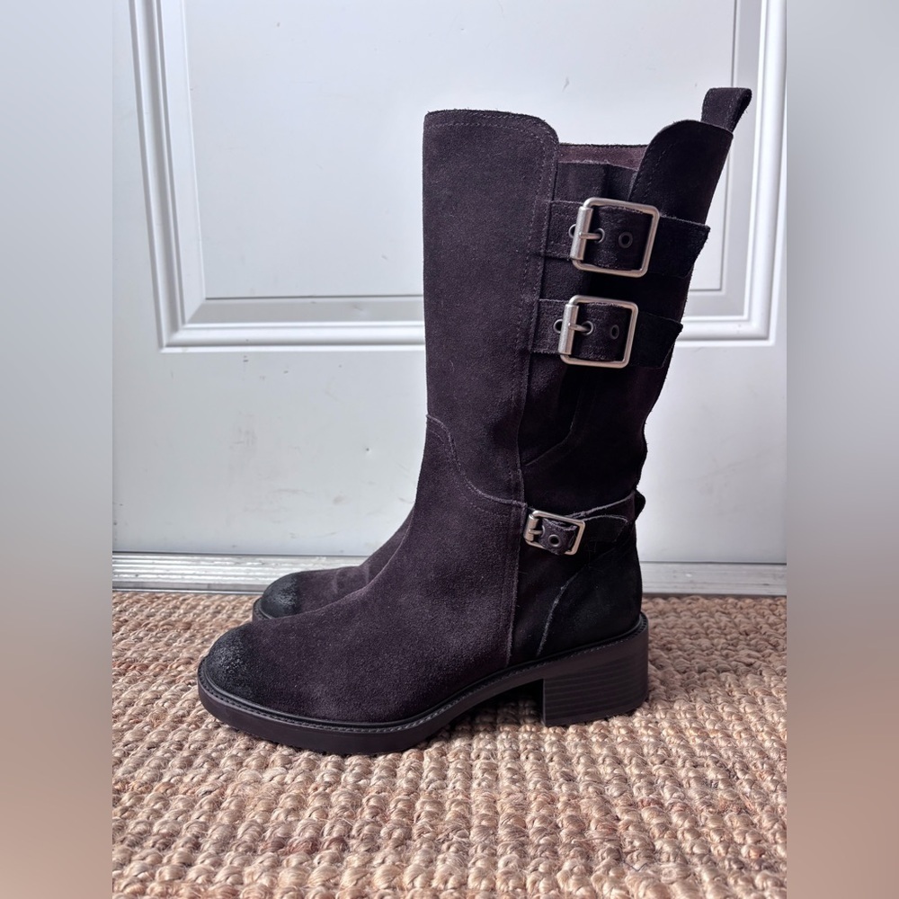 Zara Brown Combat Moto Suede Split Leather Buckled Calf High Ankle Boots - Picture 7 of 17